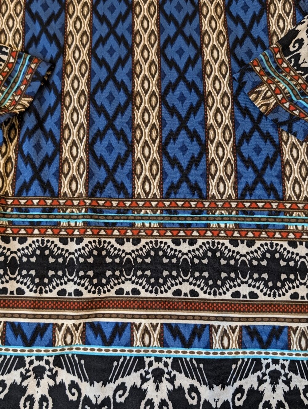 Suzy Shier Boho Geometric Ikat Shift Dress Tunic Bell Sleeve Blue Brown Size M - Picture 4 of 9